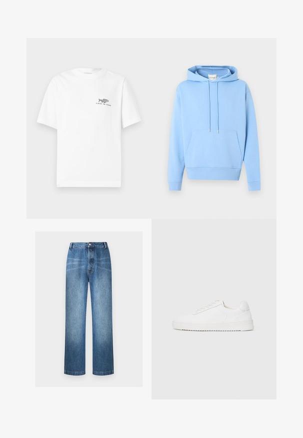Sweat à capuche bleu clair avec poche kangourou à l'avant et cordons ajustables, présenté sur un fond blanc uni.; T-shirt blanc à manches courtes avec un petit graphique de poisson noir et le texte « FERMÉ POUR L'ÉTÉ » sur le côté gauche de la poitrine.; Jean bleu taille haute à jambes droites avec fermeture par bouton et zip, détails légèrement délavés sur les cuisses et les genoux, pas de poches visibles à l'avant.; Sneaker blanc avec une tige en cuir lisse, bout rond, lacets, accents latéraux texturés et une épaisse semelle en caoutchouc. Design minimaliste.