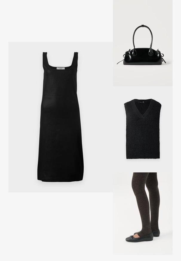 Chaleco de punto negro sin mangas con cuello en V dispuesto sobre un fondo blanco.; Vestido negro sin mangas con escote cuadrado y silueta recta. Elaborado con una tela suave y ligera, presenta un diseño minimalista.; Piernas con leggings oscuros acanalados combinados con bailarinas negras que presentan pequeños detalles de lazo sobre un fondo blanco.; Pequeño bolso negro brillante con dos asas largas y detalles de cordón lateral sobre un fondo claro liso.