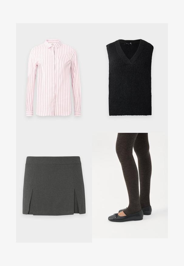 Chaleco de punto negro sin mangas con cuello en V dispuesto sobre un fondo blanco.; Camisa rosa clara con rayas verticales color granate, de mangas largas, con cierre de botones en la parte delantera y un cuello clásico. Tejido suave y diseño ajustado.; Minifalda gris con una textura suave, que presenta una cinturilla plana y dos aberturas en los lados frontales para un detalle adicional. Diseño casual.; Piernas con leggings oscuros acanalados combinados con bailarinas negras que presentan pequeños detalles de lazo sobre un fondo blanco.