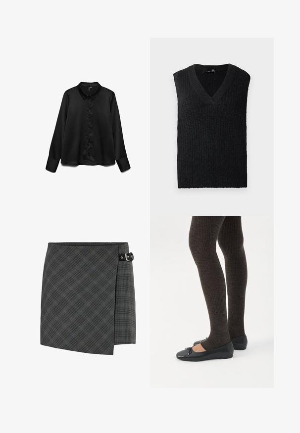 Zwarte gebreide mouwloze trui met V-hals plat gelegd op een witte achtergrond.; Zwarte lange mouwen shirt van soepel materiaal, met een knoopsluiting aan de voorkant, klassieke kraag en een subtiele glans. Getailleerde pasvorm met omgeslagen mouwen.; Donkergrijze geruite wollen wikkelrok met zwarte gespdetail aan de rechterzijde, rechte zoom en subtiele diagonale lijnenpatroon.; Benen met donkere geribbelde leggings gecombineerd met zwarte ballerina's met kleine strikdetails op een witte achtergrond.