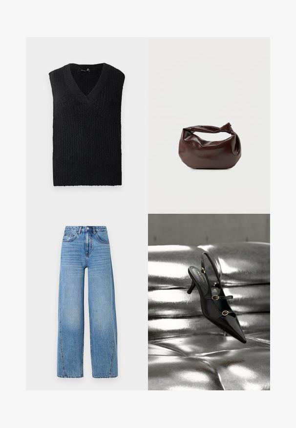 Schwarze gestrickte ärmellose Sweater-Weste mit V-Ausschnitt flach auf einem weißen Hintergrund gelegt.; Hochtaillierte, hellblaue, weite Jeans mit Fronttaschen, Gürtelschlaufen, Knopfverschluss und sichtbaren Steppnähten.; Schwarzer Slingback-Pumps mit spitzer Zehenpartie und zwei goldfarbenen Schnallenriemen, die auf einer glänzenden silbernen gepolsterten Oberfläche ruhen.; Dunkelbraune Lederschultertasche mit weicher, lockerer Form und einem gedrehten Knotengriff vor schlichtem weißem Hintergrund.