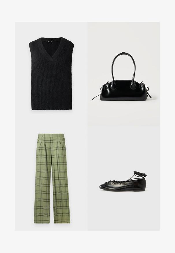 Zwarte gebreide mouwloze trui met V-hals plat gelegd op een witte achtergrond.; Groene wijde broek met een zwart plaid patroon en een hoge tailleband, voorplooien en zijzakken.; Zwarte ballerina's van lakleer met een afgeronde neus, veterdesign en een platte zool. Glad oppervlak met minimale details.; Kleine zwarte glanzende handtas met twee lange hengsels en zijkant trekkoord details op een effen lichte achtergrond.