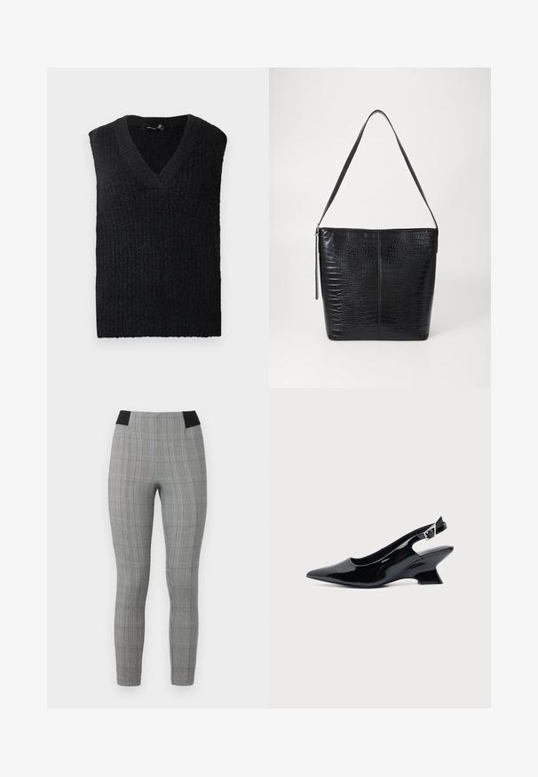 Chaleco de punto negro sin mangas con cuello en V dispuesto sobre un fondo blanco.; Leggings de cuadros grises con un diseño ajustado, que presentan una cinturilla elástica negra y bolsillos laterales. Tela texturizada con un patrón de cuadros.; Zapato slingback de cuero charol negro con puntera puntiaguda y tacón bajo en bloque inclinado sobre fondo claro liso.; Bolso de mano de cuero negro con grabado de cocodrilo, de cuerpo plano, correa ajustable y cierre con cremallera. Textura suave con forma estructurada.