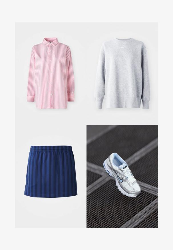 Harmaa collegepaita, jossa on pyöreä kaula-aukko, pitkät hihat, joustavat hihansuut ja helma, sekä pieni valkoinen Nike-logo rinnassa. Pehmeä, teksturoitu kangas.; Raidoitettu nappipaita, jossa on pystysuoria vaaleanpunaisia ja valkoisia raitoja, pitkät hihat ja kynsikuvio, sekä klassinen kaulus. Valmistettu kevyestä kankaasta.; Tummansininen hame, jossa on pystysuorat raidat, elastinen vyötärö, hartialle saakka ulottuva pituus, valmistettu kevyestä kankaasta, sileä rakenne.; Valkoinen verkkomaisen urheilujalkine hopeanvärisillä yksityiskohdilla, vaaleansinisellä ompelulla ja mustalla swoosh-logolla. Varustettu pehmustetulla nilkkaremmillä ja teksturoidulla pohjalla.