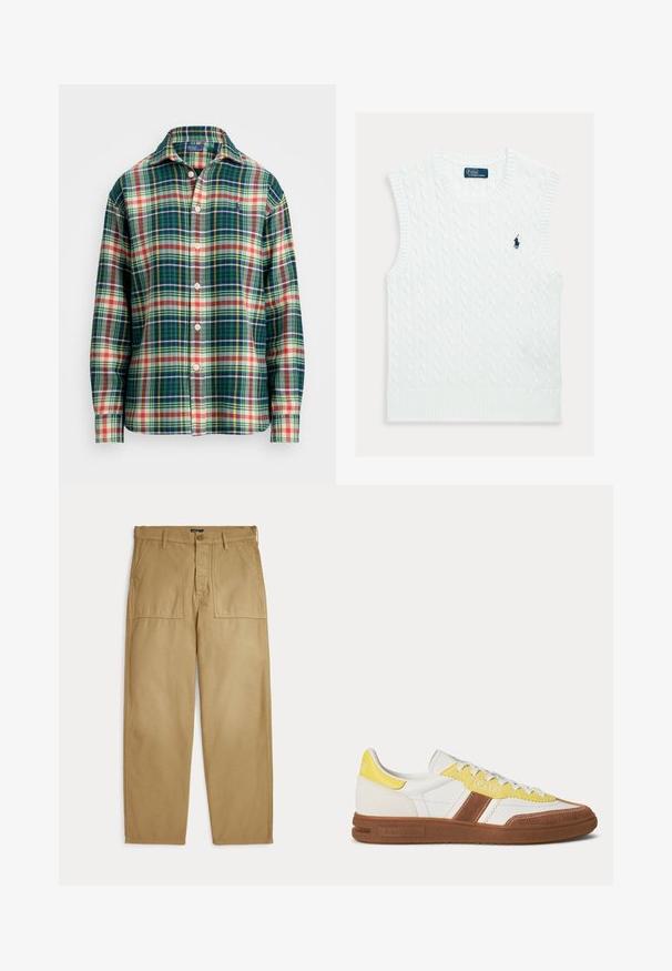 Hvid ærmeløs sweater med et kabelstrikket mønster, ribbet halsudskæring og kant, med en lille blå broderet logo på brystet.; Langærmet skjorte med knaplukning, i grøn, marineblå, hvid, orange og gul plaidmønster, med spredt krave og lille broderet logo på brystet.; Beige bukser med lige ben, forlommer med lapper, bæltestropper og lukning med knap og lynlås.; Hvid lavtopet sneaker med brune og gule accenter, snørebånd foran og en tekstureret brun sål, sidevisning på ensfarvet baggrund.