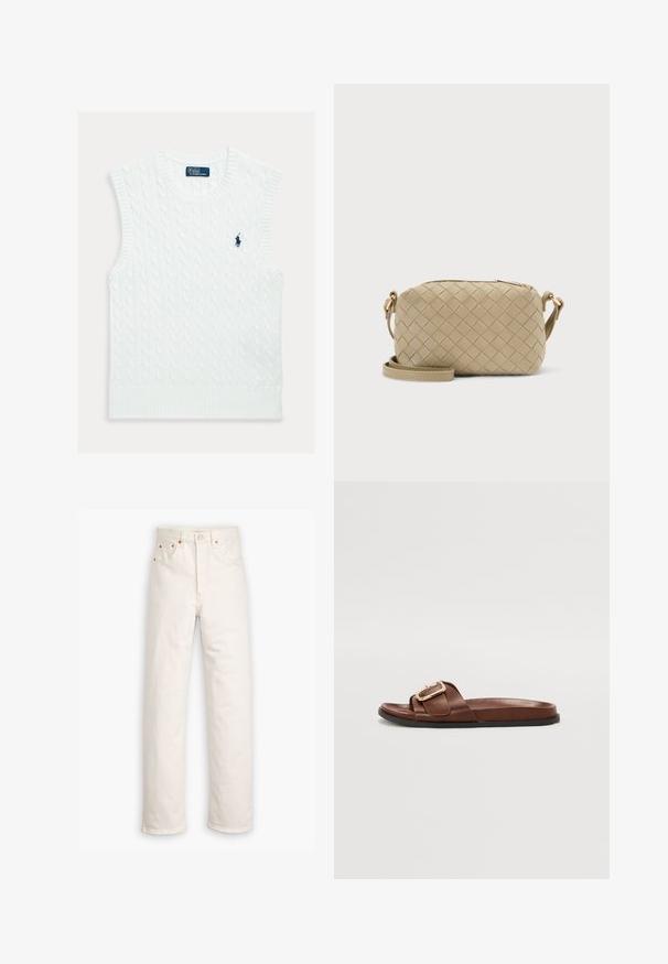 Weißer ärmelloser Pullover mit Zopfmuster, geripptem Ausschnitt und Saum, mit einem kleinen, blau gestickten Logo auf der Brust.; Weiße Denim-Jeans mit geradem Bein, im Fünf-Taschen-Stil und mit kupferfarbenen Hardware-Details. Rohschnitt an den Knöcheln.; Braune Leder-Sandale mit breitem Riemen und goldfarbener Schnallenakzent, flache Sohle und glatter Textur.; Beige rechteckige Umhängetasche mit gewebter Lederstruktur und verstellbarem Riemen auf hellem Hintergrund.