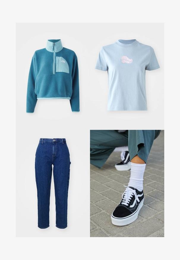 Blå fleece trøje med delvis lynlås, høj krave og en frontlomme. Accentueret med en lysere blå kant og en stoftekstur.; Lyseblå bomulds T-shirt med korte ærmer og høj halsudskæring, prydet med et lille pink broderet skaldesign på forsiden.; Mørkeblå denim jeans med høj talje, lige ben, frontknaplukning og sidelommer. Glat tekstur med en let stræk.; Sorte ruskinds sneakers med hvide accenter og snørebånd, der har en tyk hvid sål og kontrasterende syninger, parret med en hvid sok.