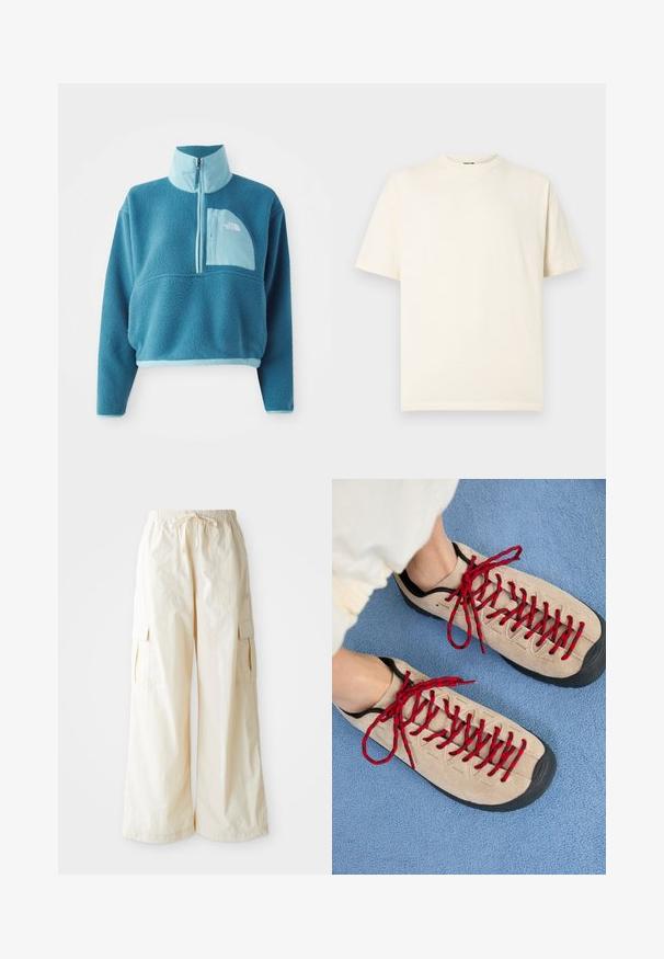 Pull en polaire bleu avec une fermeture éclair partielle, col haut et une poche frontale. Accentué d'une bordure bleu clair et d'une texture de tissu.; T-shirt en coton crème à manches courtes, col rond, avec un petit logo sur le devant. Design simple, texture douce, et coupe décontractée.; Pantalons cargo à jambes larges en tissu beige clair avec une taille élastique, un cordon de serrage et des poches latérales. Texture douce avec un minimum de détails.; Des chaussures beiges avec des lacets rouges, posées sur une surface bleue texturée, révèlent partiellement la cheville d'une personne. Les chaussures ont un design sportif.