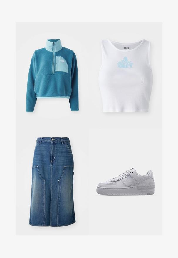 Blå fleece trøje med delvis lynlås, høj krave og en frontlomme. Accentueret med en lysere blå kant og en stoftekstur.; Hvid ribbet crop top med rund halsudskæring og et lyseblåt "OBEY" logo centreret på brystet. Glat tekstur og tætsiddende design.; Blå denimnederdel med lige snit, forlommer og en talje med knaplukning, prydet med en falmet tekstur og sømdetaljer.; Grå Nike Air Force 1 sneakers med perforeret tå, glat læderoverdel, tyk sål og præget 'AIR' detalje på hælen.