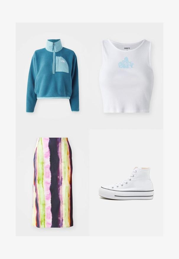 Blå fleece trøje med delvis lynlås, høj krave og en frontlomme. Accentueret med en lysere blå kant og en stoftekstur.; Hvid ribbet crop top med rund halsudskæring og et lyseblåt "OBEY" logo centreret på brystet. Glat tekstur og tætsiddende design.; Farverig mellemlang nederdel med lodrette striber i pink, grøn, gul og lilla. Fremstillet af et glat stof med en let glans.; Hvide høj-top sneakers lavet af kanvasmateriale, sort gummisål og kontrasterende sort stribe på mellemsålen. Rund tåhætte og snørebåndsdesign.