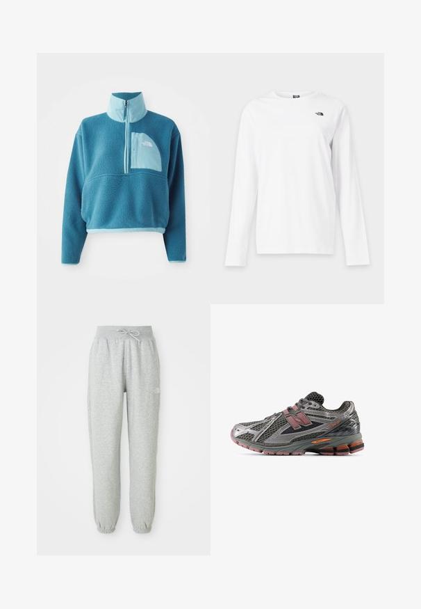 Blå fleece trøje med delvis lynlås, høj krave og en frontlomme. Accentueret med en lysere blå kant og en stoftekstur.; Hvid langærmet T-shirt med rund hals og lille sort The North Face-logo på venstre bryst.; Grå sweatpants med elastisk talje og snøre. Stoffet er blødt, og de har elastiske manchetter ved anklerne samt et logoaccent.; Grå netløbesko med lyserøde og sorte detaljer, tekstureret overflade, forstærket tå og synlig støddæmpningsteknologi i sålen.