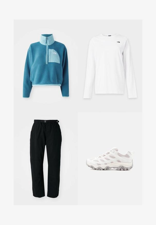 Blå fleece trøje med delvis lynlås, høj krave og en frontlomme. Accentueret med en lysere blå kant og en stoftekstur.; Hvid langærmet T-shirt med rund hals og lille sort The North Face-logo på venstre bryst.; Sorte letvægtsbukser med elastisk talje og justerbart bælte. Har tapered ben og forstærkede knæpaneler for holdbarhed.; Lysegrå vandresko med tekstureret overdel, meshpaneler og gummisål. Har et markant snøresystem og Merrell-logo på siden.
