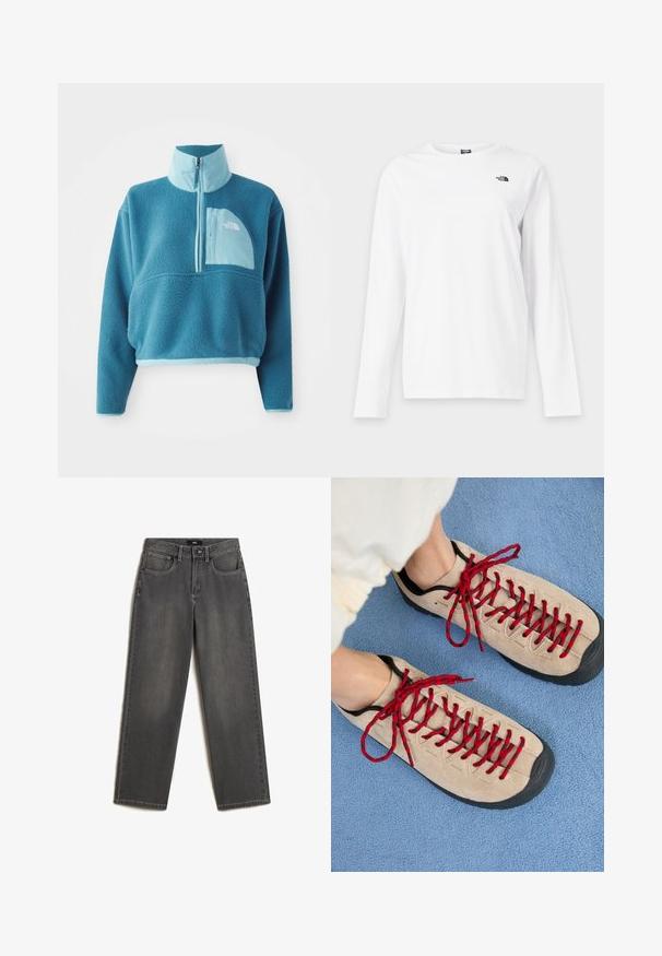 Blå fleece trøje med delvis lynlås, høj krave og en frontlomme. Accentueret med en lysere blå kant og en stoftekstur.; Hvid langærmet T-shirt med rund hals og lille sort The North Face-logo på venstre bryst.; Grå vidde jeans lavet af denim. Har fem lommer, en frontknap og lynlås lukning, samt subtil fading på stoffet.; Beige sko med røde snørebånd, placeret på en blå tekstureret overflade, delvist synliggørende en persons ankel. Skoene har et sporty design.