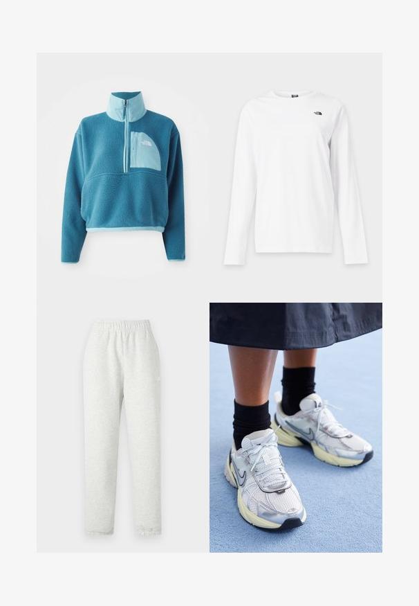 Blå fleece trøje med delvis lynlås, høj krave og en frontlomme. Accentueret med en lysere blå kant og en stoftekstur.; Hvid langærmet T-shirt med rund hals og lille sort The North Face-logo på venstre bryst.; Lys grå sweatpants med elastisk talje, tapered ben og ribbede manchetter. Fremstillet af et blødt, tekstureret stof. Hvid logo detalje på siden.; Hvide og sølv Nike sneakers med mesh-stof, reflekterende detaljer og en beige sål. Bæres med sorte sokker og står på en blå overflade.