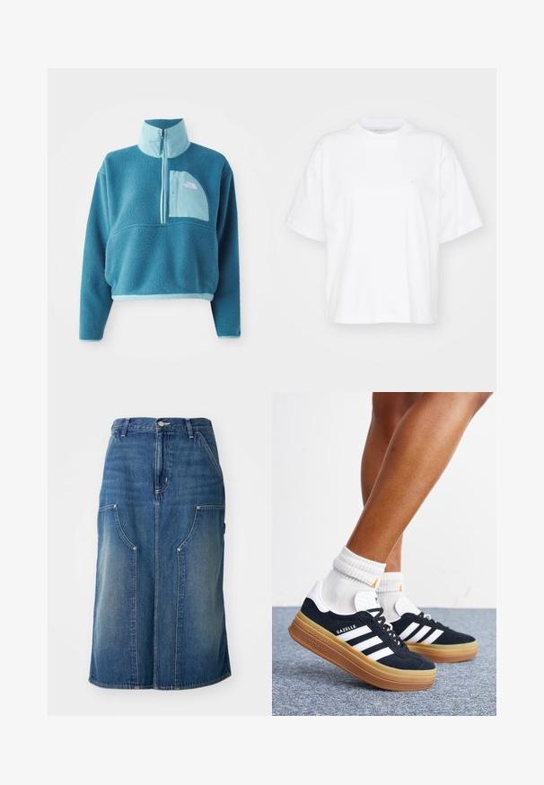 Blå fleece trøje med delvis lynlås, høj krave og en frontlomme. Accentueret med en lysere blå kant og en stoftekstur.; Hvid bomulds t-shirt med rund hals, korte ærmer og en afslappet pasform. Har et diskret logo på venstre brystområde. Glat tekstur.; Blå denimnederdel med lige snit, forlommer og en talje med knaplukning, prydet med en falmet tekstur og sømdetaljer.; Ben iført hvide sokker og sorte Adidas Gazelle sneakers med hvide striber og tykke brune såler på et gråt tæppe.