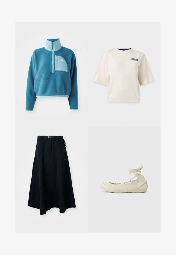Blauer Fleece-Pullover mit einem Teilreißverschluss, hohem Kragen und einer Fronttasche. Akzentuiert mit einem helleren blauen Besatz und einer stofflichen Textur.; Weißes T-Shirt mit kurzen Ärmeln und kleinem blauem The North Face Logo auf der linken oberen Brust.; Schwarz lange Rock aus strapazierfähigem Stoff, mit einem flachen Bund und einer Schnalle sowie seitlichen Taschen. Logodetail auf der Vorderseite.; Hellbeige Ballettschuhe mit runder Zehenpartie, Schnürung am Knöchel, strukturiertem Obermaterial und flexibler Sohle. Eignet sich für die Freizeit.