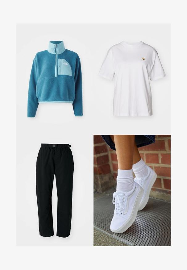 Blå fleece trøje med delvis lynlås, høj krave og en frontlomme. Accentueret med en lysere blå kant og en stoftekstur.; Hvid bomulds-t-shirt med en afslappet pasform, korte ærmer og et lille broderet logo på venstre brystområde.; Sorte letvægtsbukser med elastisk talje og justerbart bælte. Har tapered ben og forstærkede knæpaneler for holdbarhed.; Hvide lærreds sneakers med gummisåler, der har seks snørehuller, rund tå og let sømdetaljer, krydret med hvide ankelstrømper.