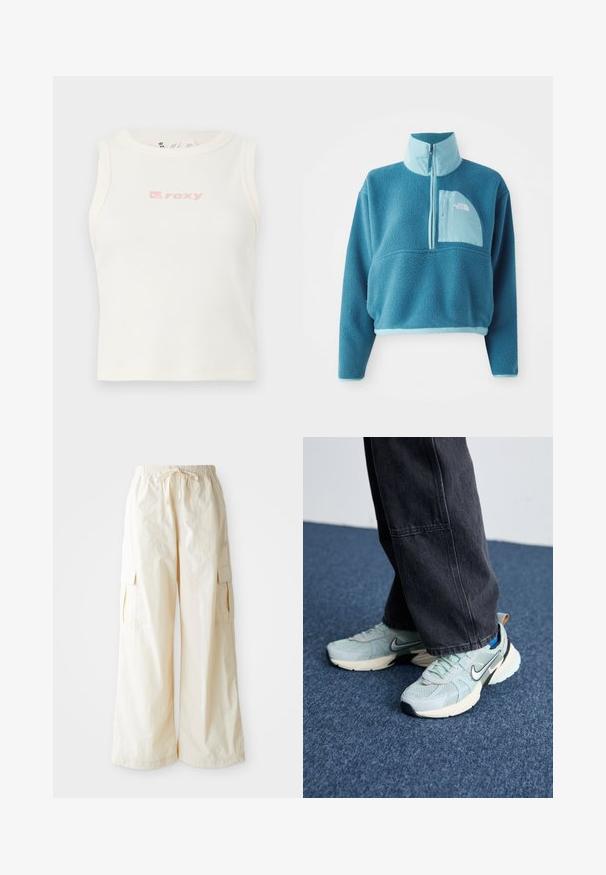 Pull en polaire bleu avec une fermeture éclair partielle, col haut et une poche frontale. Accentué d'une bordure bleu clair et d'une texture de tissu.; Débardeur blanc côtelé avec un col rond et un petit logo "Roxy" rose sur la poitrine. Texture lisse, design ajusté, sans manches.; Pantalons cargo à jambes larges en tissu beige clair avec une taille élastique, un cordon de serrage et des poches latérales. Texture douce avec un minimum de détails.; Baskets Nike en maille bleu clair avec une finition texturée, un swoosh noir et une semelle intermédiaire crème, associées à un pantalon large gris foncé.