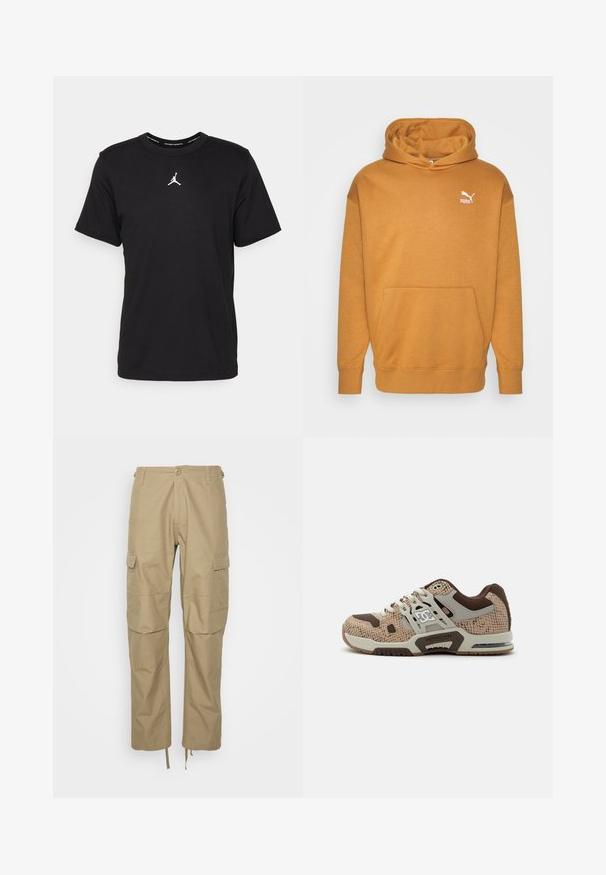 Puma Hættetrøje - braun; Sort bomulds t-shirt med korte ærmer, rund hals, med et hvidt Jumpman-logo på brystet og en glat, let tekstur.; Khaki cargo bukser lavet af letvægtsstof, med flere sidelommer, en afslappet pasform og justerbare snore i bunden.; Beige og brun atletisk sneaker med struktureret mønster, hvide snørebånd, tyk sål og DC-logo på siden og mellemsålen.