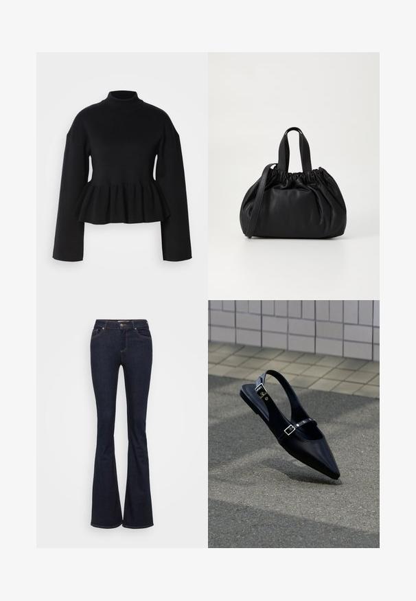 Sort striktrøje med høj hals, lange ærmer og peplum-facon. Glat tekstur med en tætsiddende overdel og udvidet nederdel.; Mørkeblå udvidede jeans lavet af denim. Har fem lommer, lynlås foran og kontrasterende guldsytrådsøm langs sømmene. Glat tekstur.; Sort flad slingback med spids tå og dobbelte spænder, hvilende på grå asfalt nær flisevæg.; Sort læderhåndtaske med en samlet topdesign, der har to korte håndtag og en lang justerbar rem. Glat overflade, rund form.
