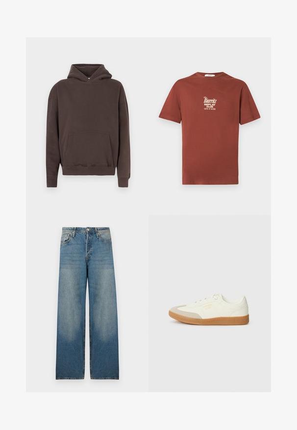 Brauner Kapuzenpullover aus weichem Stoff, mit einer Fronttasche, gerippten Bündchen und Saum sowie einem lockeren Schnitt.; Kurzärmliges Baumwoll-T-Shirt in Rostfarbe mit einem weißen, aufgedruckten Logo "the Biarritz Replay Club Cote d'Azur" auf der Brust.; Helleblaue weit geschnittene Jeans aus Denim-Stoff, mit einer hohen Taille, fünf Taschen und ausgebleichten Stellen für einen Vintage-Look.; Sneaker aus weißem Leder mit einer beigen Zehenkappe und leichter brauner Gummisohle. Verfügt über flache weiße Schnürsenkel und geprägtes Branding an der Seite.