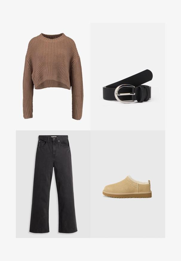 Bruin gebreid cropped sweater, met een geribbelde textuur, wijde mouwen en een ronde hals. Zacht, chunky materiaal met een relaxte pasvorm.; Zwarte denim wijde-spijkerbroek met een hoge taille, vijf zakken en een metalen knoopsluiting. De stof heeft een gladde, licht vervaagde textuur.; Suède instap schoenen in licht bruin, met een zachte bontvoering en een gemeleerde rubberen zool met een lichte hak en een trekhaakje aan de achterkant voor gemakkelijk aan- en uittrekken.; Zwarte leren riem met een gladde textuur, voorzien van een zilverkleurige metalen gesp en eenvoudige lusaccenten. Het ontwerp is strak en minimalistisch.