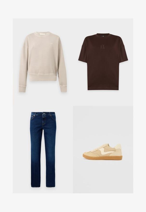 Beige sweater met ronde hals en lange mouwen, geribde boorden en zoom, klein wit logo op de linkerborst, eenvoudig ontwerp.; Donkerbruine korte mouw T-shirt met ronde hals en klein geperst A|X Armani Exchange-logo in het midden van de borst.; Donkerblauwe denim jeans met een rechte pijpontwerp, voorzien van een klassieke tailleband, vijf zakken en subtiele stiksels op de naden.; Beige sneaker van suede en mesh materialen, ronde vorm, opvallende gepolsterde kraag en een gumrubberen zool. Kenmerkt zich door een golvend ontwerp accent.