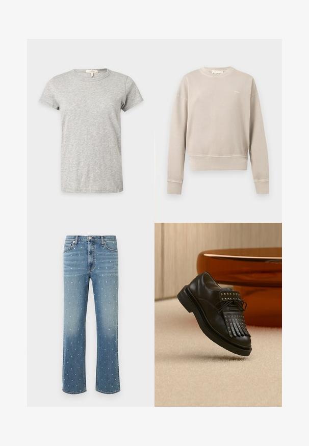 Sweat beige col rond avec manches longues, poignets et ourlet côtelés, petit logo blanc sur le côté gauche de la poitrine, design uni.; T-shirt gris clair à manches courtes et col rond avec un motif chiné subtil affiché sur un fond uni.; Jean en denim bleu avec une coupe droite, présentant un motif en pointillé de petites décorations argentées et un design classique à cinq poches.; Chaussure en cuir noire à lacets avec franges décoratives et clous métalliques posée sur un tapis beige près d'un meuble marron.