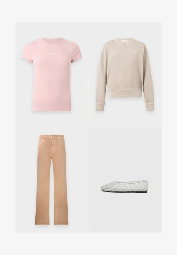Sweat beige col rond avec manches longues, poignets et ourlet côtelés, petit logo blanc sur le côté gauche de la poitrine, design uni.; T-shirt côtelé rose clair à manches courtes, col rond avec logo GAP blanc centré sur la poitrine.; Jean taille haute à jambes droites de couleur marron clair avec bouton frontal, fermeture éclair, passants de ceinture et design à cinq poches.; Chaussure plate en mesh blanc, avec un bout pointu et un design minimaliste. Surface texturée avec un intérieur doux.