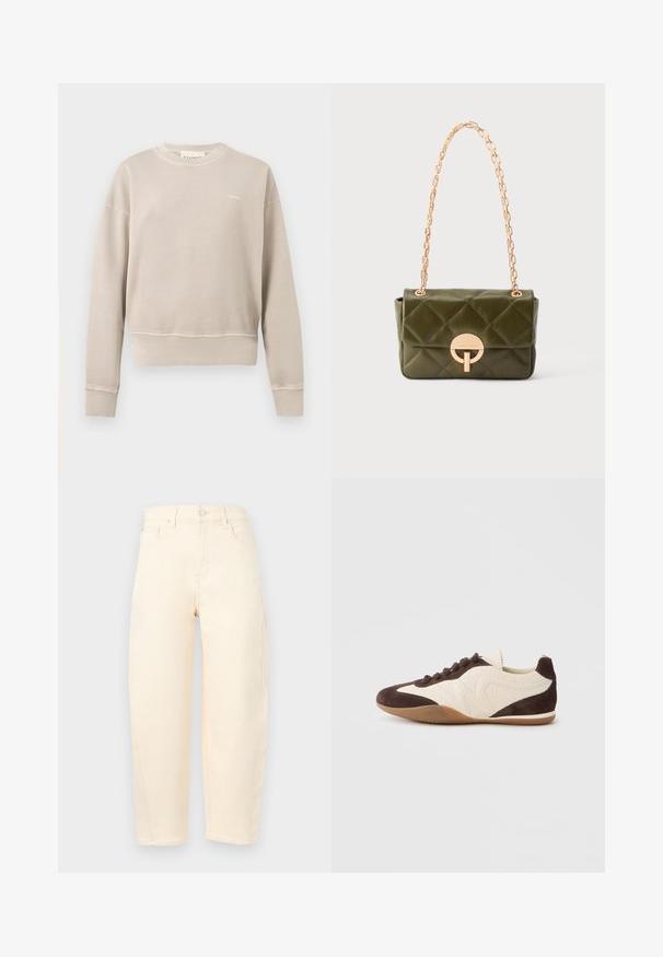 Sweat beige col rond avec manches longues, poignets et ourlet côtelés, petit logo blanc sur le côté gauche de la poitrine, design uni.; Jean droit crème taille haute avec poches avant et passants pour ceinture, présenté sur un fond uni.; Baskets marron et crème présentant un mélange de matériaux texturés et lisses, profil bas, design à lacets, et semelle en caoutchouc.; Petit sac à main en cuir vert olive matelassé avec anse chaîne dorée et fermoir circulaire doré sur le rabat avant.