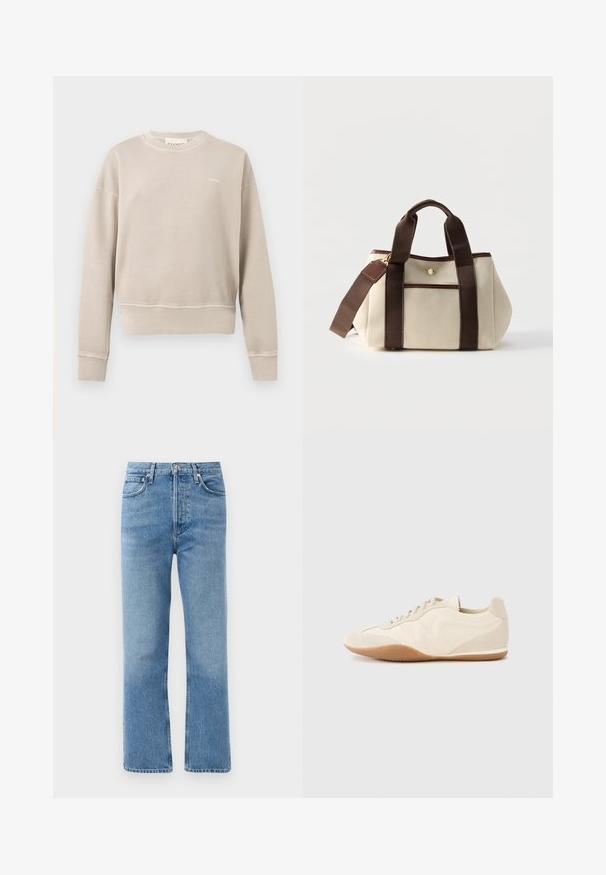 Beiger Sweatshirt mit Rundhalsausschnitt und langen Ärmeln, gerippten Bündchen und Saum, kleines weißes Logo auf der linken Brust, schlichtes Design.; Hellblaue Denim-Jeans mit geradem Bein, hoher Taille, fünf Taschen und Kupferhardware. Glatte Textur mit verwaschenem Finish.; Hellbeige Sneaker mit strukturiertem Lederupper, strukturierten seitlichen Einsätzen und einer Gummisohle. Verfügt über ein schlankes, stromlinienförmiges Design und flache Schnürsenkel.; Handtasche aus cremefarbenem Stoff mit dunkelbraunen Griffen, Schulterriemen und Besatz, mit einer Fronttasche mit goldfarbener Knopfdetaillierung.