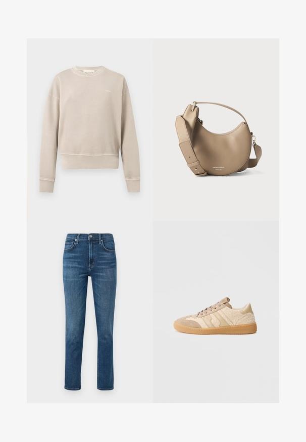 Beige crewneck sweatshirt med lange ærmer, ribkant ved manchetter og bund, lille hvidt logo på venstre bryst, ensfarvet design.; Mørkeblå denim jeans med lige ben, fem-lomme design og en metalknap i taljen. Diskret falming og syninger.; Beige sneakers med en kombination af ruskind og tekstureret stof, med gummisål og kontrasterende beige striber. Rund snude og snørelukning.; Beige lædertaske i halvmåneform med bred justerbar strop og lille håndtag, prydet med sølvpræget mærke- og steds tekst.