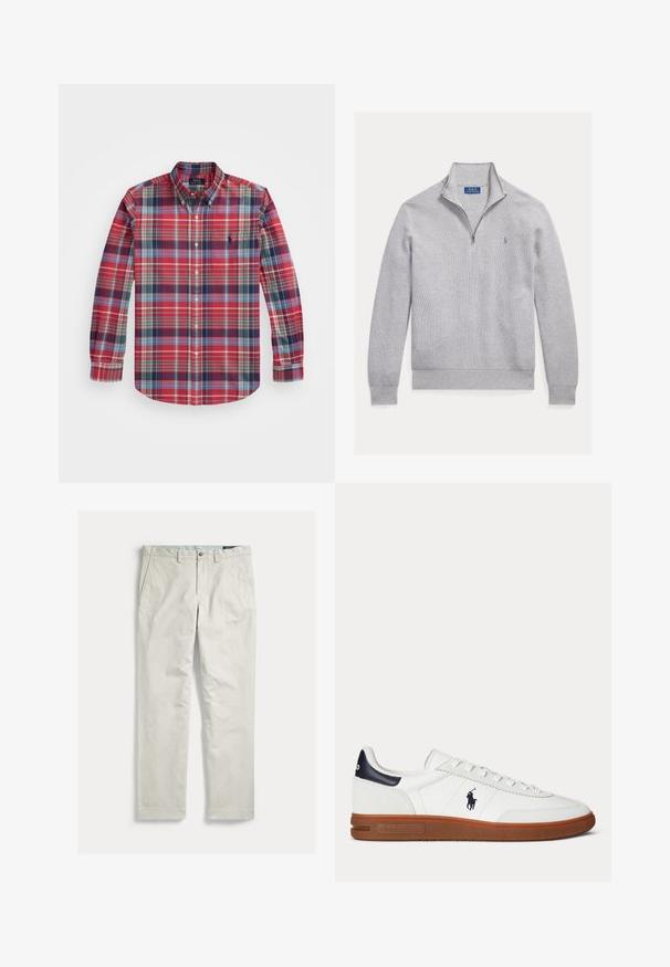 Lichtgrijze gebreide trui met textuur, lange mouwen, kwart rits, opstaande kraag en klein Polo Ralph Lauren-logo op de borst.; Langarm geruite overhemd in rood, blauw en groen met button-down kraag, borstzak en geborduurd logo aan de linkerkant.; Lichtbeige rechte broek met voorzakken, riemlussen en een knoopsluiting, plat neergelegd op een witte achtergrond.; Witte lage sneaker met bruine zool, zwarte hielpatch, geborduurd logo van een polo-speler en witte veters.