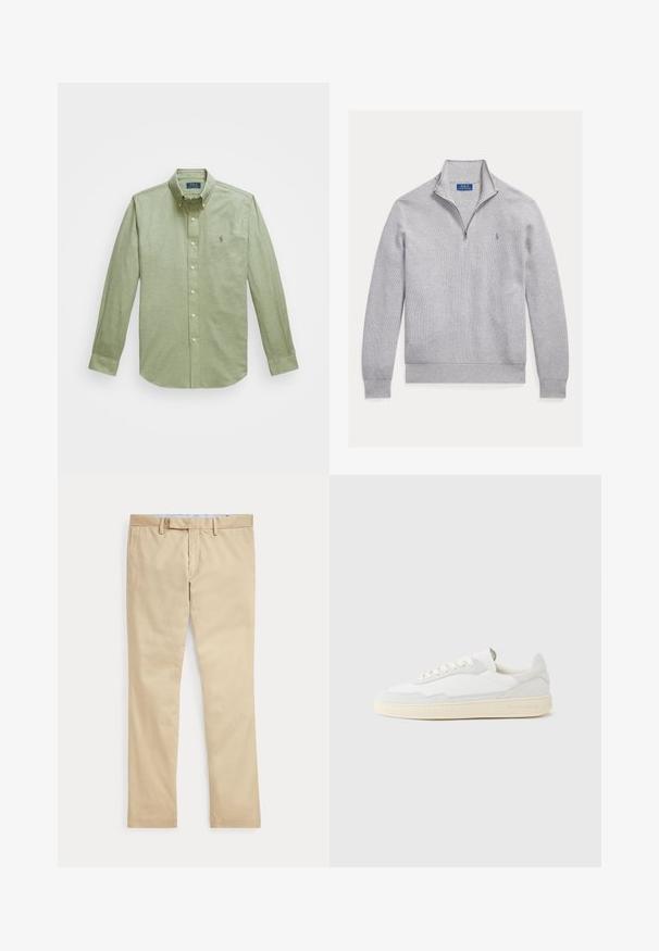 Jersey de punto texturizado gris claro con mangas largas, cremallera de un cuarto, cuello alto y pequeño logotipo de Polo Ralph Lauren en el pecho.; Camisa verde claro de manga larga con botones, que presenta un cuello puntiagudo, un pequeño logotipo bordado en el pecho y botones de perla.; Pantalones beige de corte recto con trabillas para cinturón y cremallera frontal, colocados planos sobre un fondo blanco.; Zapatilla blanca con parte superior texturizada de ante y cuero. Presenta una puntera redondeada, cierre con cordones y suela de goma beige contrastante.