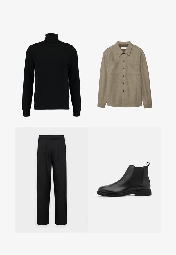 Un pull à col roulé noir en matière tricotée douce. Il possède des manches longues, un col et un ourlet côtelés. Son design est simple et épuré, sans motifs.; Chemise boutonnée en laine marron avec un col pointu, deux poches poitrine et des boutons noirs. Texture douce avec une coupe décontractée.; Pantalons noirs en tissu lisse, avec une coupe droite, deux plis avant et une taille standard avec passants de ceinture.; Bottines Chelsea en cuir noir avec panneaux élastiques sur les côtés et une languette. Bout arrondi et semelle en caoutchouc plate, mettant en valeur une finition lisse.