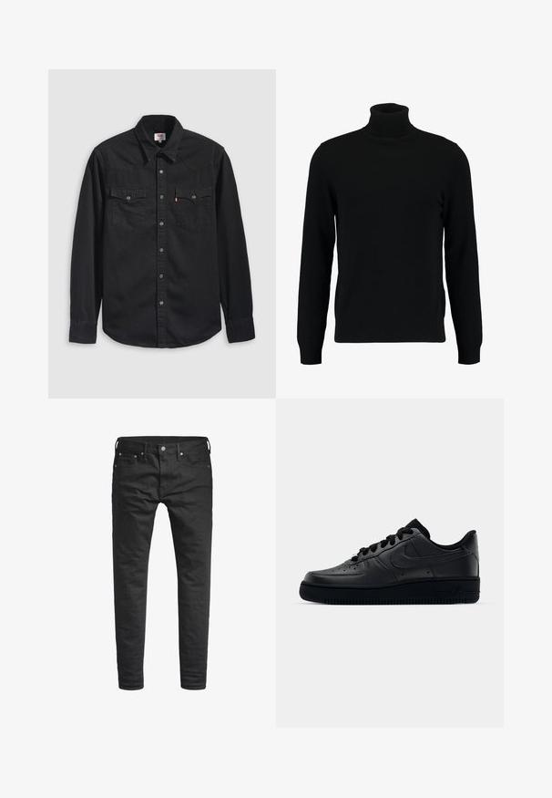 Zwarte coltrui gemaakt van een zacht breimateriaal. Heeft lange mouwen, een geribbelde kraag en zoom. Eenvoudig, strak ontwerp zonder patronen.; Zwart denim shirt met een knoopsluiting aan de voorkant, twee borstzakken en een puntige kraag met zichtbare stikselaccenten.; Zwarte slim-fit jeans met voorzakken, riemlussen en een knoopsluiting, weergegeven tegen een witte achtergrond.; Zwarte Nike Air Force 1 sneaker met een gladde leren bovenkant, geperforeerde neus voor ademend vermogen, zwarte veters en een getextureerde rubberen zool.