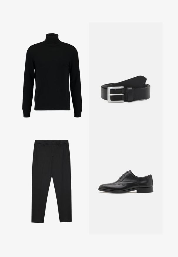 Black turtleneck sweater made of a soft knit material. Features long sleeves, ribbed collar, and hem. Simple, sleek design without patterns.; Pier One by Zalando PUNTO TAILORED PANTS - Chinos - black; ALDO DONALD - Smart lace-ups - black; Black leather belt with a smooth texture, silver rectangular buckle, and a loop for the end. Features neat stitching along the edges.