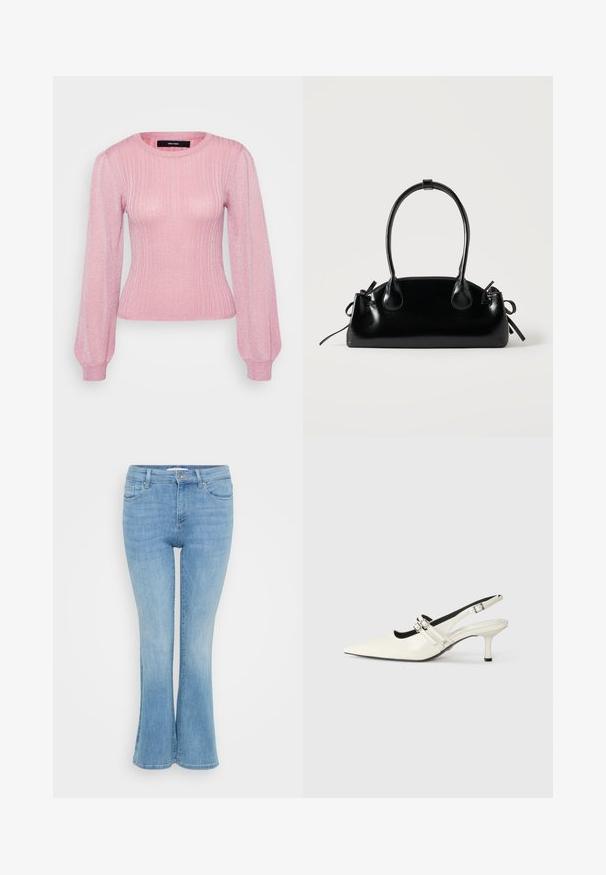 Vero Moda Petite VMTALIA O NECK - Trui - rose elegance/silver-coloured; ONLY Petite ONLANN MID - Flared Jeans - light blue denim; Puntige slingback-schoen van glanzend wit leer met twee verstelbare gespbandjes en een 6 cm stilettohak.; Kleine zwarte glanzende handtas met twee lange hengsels en zijkant trekkoord details op een effen lichte achtergrond.
