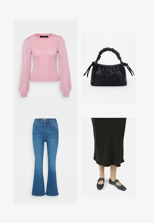Vero Moda Petite VMTALIA O NECK - Trui - rose elegance/silver-coloured; Blauwe denim flared jeans met een hoge taille, sluiting met twee knopen en subtiele vervaging. Klassiek vijf-pocket ontwerp, gladde textuur.; Zwarte leren schoenen met een ronde neus, enkele band en gesp, met studdetails, gedragen met een zwarte enkel-lange jurk.; Zwarte handtas met krokodillenstructuur, geplooide bovenrand, samengevoerde handgreep en koordtassels aan elke kant tegen een witte achtergrond.