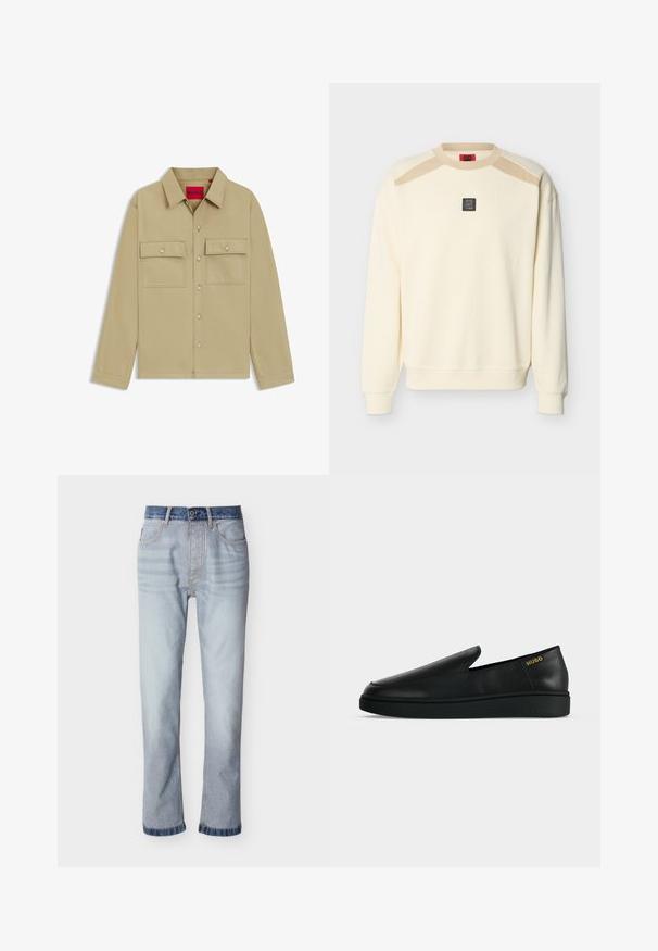 Kremfarvet langærmet sweatshirt med beige accenter på skuldrene og en lille sort firkantet logopatch centreret på brystet.; Beige skjorte med lange ærmer, to brystlommer og HUGO-logo. Har en klassisk krave og glat tekstur.; Lyseblå denimjeans med mørkeblå linning, design med lige ben, fem lommer og synlige syningsdetaljer.; Enkelt sort læder slip-on sko med tyk sål og "HUGO" branding i guld nær hælen på en ensfarvet lysegrå baggrund.