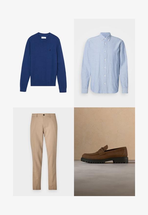 Suéter de punto azul marino con cuello redondo, mangas largas y puños acanalados. Presenta un pequeño logo bordado en el pecho.; Camisa de botones en azul claro con rayas blancas, que presenta un cuello clásico y mangas largas. Confeccionada en tejido tejido con una textura suave.; Pantalones beige ajustados de un tejido suave, con cierre de botón, trabillas para el cinturón y un diseño ajustado con pierna recta.; Mocasín de cuero marrón oscuro con suela gruesa de goma negra, mostrado sobre una alfombra beige y fondo de sofá.