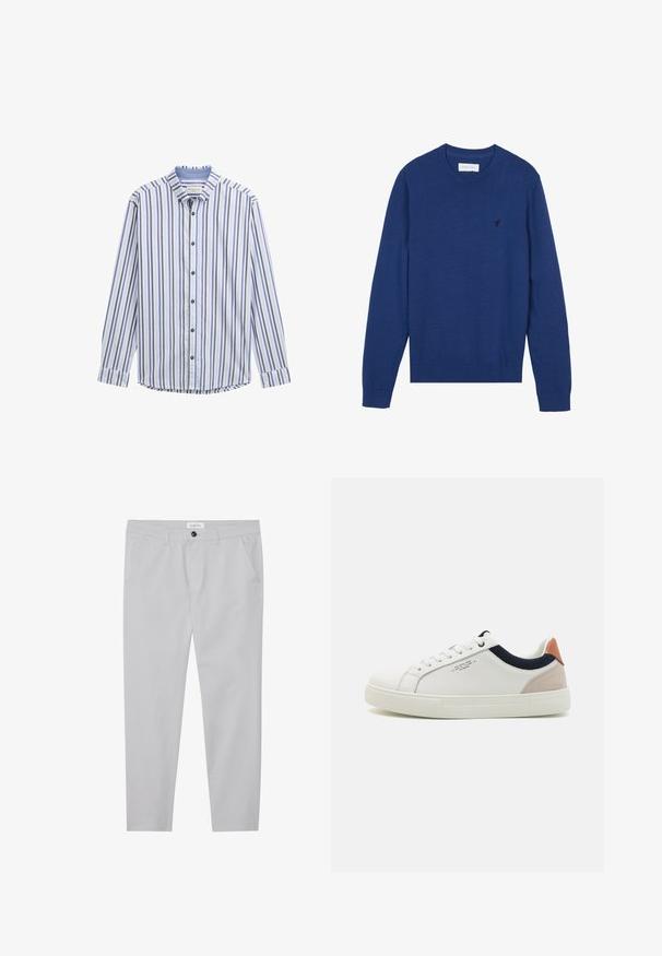 Pull en tricot bleu marine avec un col rond, des manches longues et des poignets côtelés. Présente un petit logo brodé sur la poitrine.; Chemise à rayures blanche, bleue et violette. Dotée d'un col, de manches longues et de boutons foncés. Tissu en coton doux. Ourlet arrondi.; Pantalons gris clair en tissu doux, avec une coupe ajustée, deux poches avant, une fermeture à bouton et des détails de texture subtils.; Baskets en cuir blanc avec un design bas, accent en tissu bleu marine sur le col et onglet de talon en daim rose pâle. Semelle en caoutchouc.