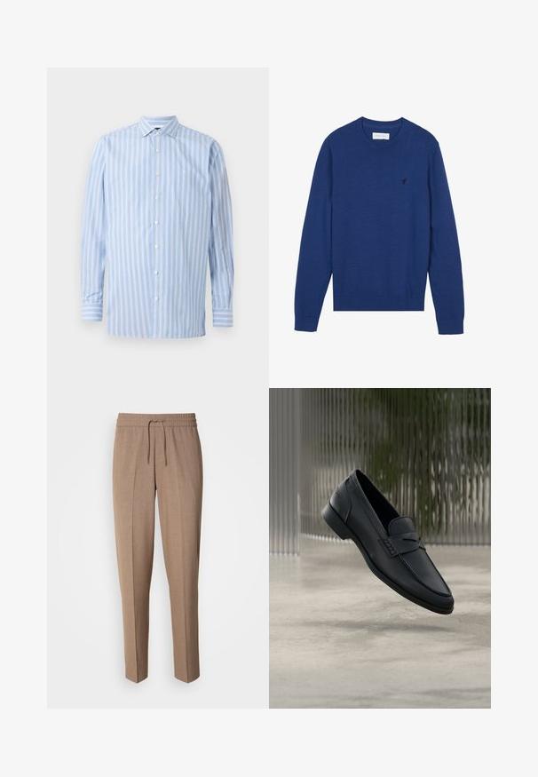 Pull en tricot bleu marine avec un col rond, des manches longues et des poignets côtelés. Présente un petit logo brodé sur la poitrine.; Chemise à manches longues bleu clair avec des rayures verticales blanches et bleu clair, design à boutons, col et un petit logo brodé sur la poitrine.; Pantalons en tissu tissé brun, avec une coupe décontractée, taille à cordon de serrage et plis à l'avant. Jambes droites et sans poches ni éléments en métal visibles.; Mocassin en cuir noir à finition lisse, bout pointu et détails cousus sur le dessus. Talon bas et design minimaliste.