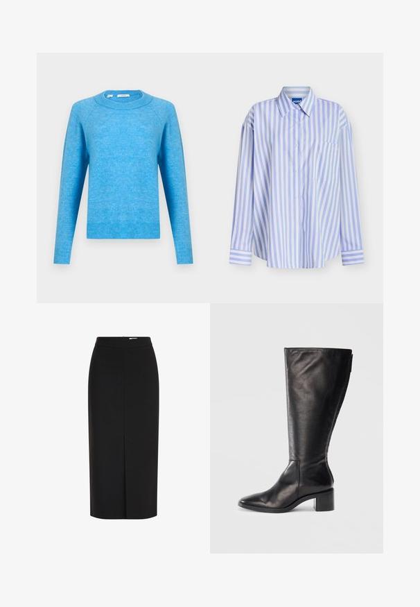 Lyseblå crewneck sweater med lange ærmer og ribbede manchetter og kant, vist mod en ensfarvet hvid baggrund.; Langærmet skjorte med knapper og lodrette lyseblå og hvide striber, spids krave og brystlomme med subtil hvid broderi.; Sort midi pencilnederdel med høj talje, frontslids og skjult lynlås på hvid baggrund.; Sorte læderknæhøje støvler med firkantet tå, blokhæle og et stilrent design. Glat tekstur med en sideskift for nem påtagning.