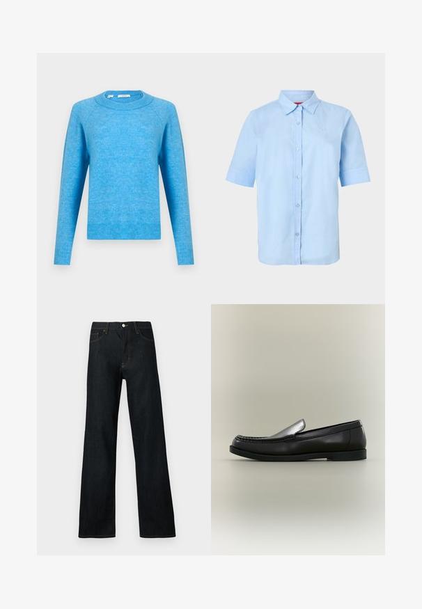 Pull bleu clair à col rond avec manches longues et poignets et ourlet côtelés, présenté sur fond blanc uni.; Chemise bleu clair à manches courtes avec col pointu et logo en relief subtil sur le côté gauche de la poitrine.; Jean en denim foncé avec une coupe à jambe large. Caractéristiques : fermeture par bouton, cinq poches, et surpiqûres contrastantes orange.; Mocassin en cuir noir avec couture moc toe, petit talon et design à enfiler sur fond neutre.