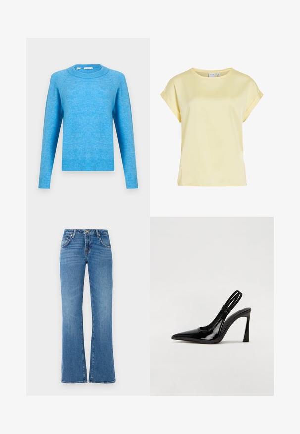 Lichtblauwe crewneck trui met lange mouwen en geribde manchetten en zoom, weergegeven tegen een effen witte achtergrond.; Lichtgele blouse met korte mouwen, opgerolde manchetten en een ronde hals, gemaakt van gladde stof, met een VILA-merklabel aan de binnenkant van de kraag.; Lichtblauwe denim jeans met een flared leg ontwerp, voorzien van vijf zakken, een knoop- en ritssluiting, en subtiele whiskering patronen.; Zwarte gepatineerde leren slingback pump met puntige neus, slanke hoge hak en dubbele elastische band voor een veilige pasvorm. Gladde, glanzende oppervlakte.