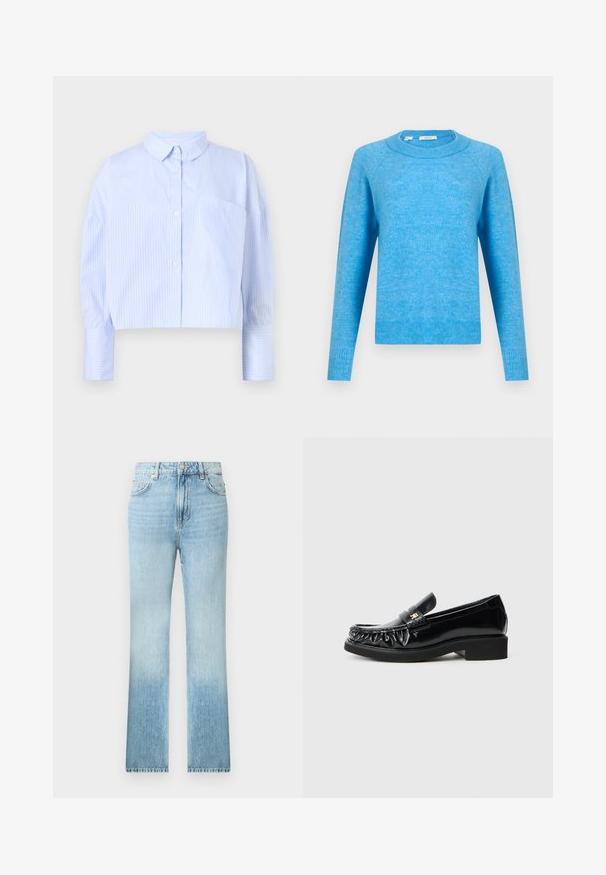 Suéter de cuello redondo azul claro con mangas largas y puños y dobladillo de canalé, mostrado sobre un fondo blanco liso.; Camisa de botones cortada en azul claro con rayas verticales blancas, que presenta un cuello desplegado y un bolsillo en el pecho. Textura de tela suave.; Vaqueros de pierna recta azul claro con diseño clásico de cinco bolsillos y cierre de botón en la cintura, mostrados sobre un fondo blanco.; Mocasines de charol negro con un borde decorativo recogido, suela de goma plana y un pequeño logotipo metálico como acento en la correa.
