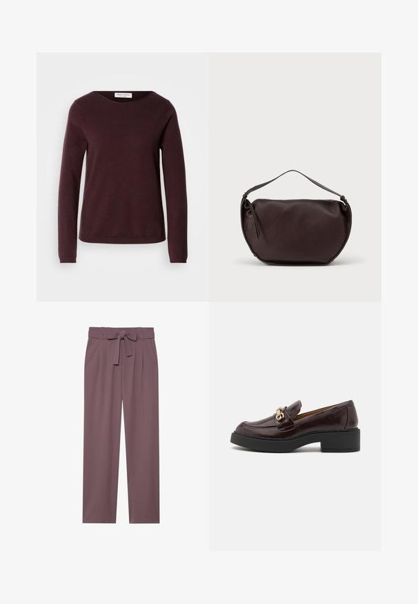 Bordeaux langærmet sweater med rund hals, blød struktur og minimalistisk design. Har ribbede manchetter og lige kant.; Plumfarvede bukser med bred benstørrelse, bæltet talje, plisseret front og glat tekstur. Har sidelommer og skræddersyet design.; Brune læder loafer med en guldaccent spænde, sort blokhælt og en glat tekstur. Sidevisningen viser en rund tå og stikninger.; Mørkebrunt skuldertaske i tekstureret læder med lynlås og en enkelt justerbar rem på en ensfarvet baggrund.