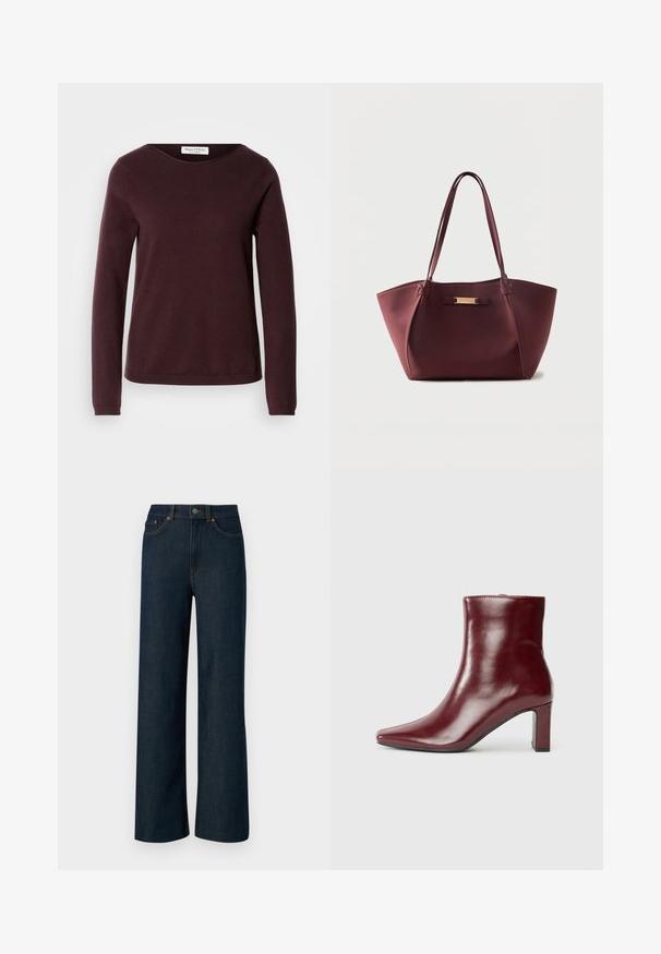 Bordeauxfarbener Pullover mit langen Ärmeln und rundem Halsausschnitt, weicher Textur und minimalistischem Design. Mit gerippten Bündchen und geradem Saum.; Weite, dunkelblaue Denim-Jeans mit kontrastierendem orangefarbenem Nähten, fünf Taschen und einem Knopfverschluss. Glattes, strukturiertes Material.; Bordeauxroter Leder-Stiefel mit spitzer Zehe und Blockabsatz. Glatte Textur mit schlanker Silhouette und klaren Linien.; Bordeauxroter Leder-Shopper mit doppelten Schulterriemen und einer kleinen rechteckigen goldfarbenen Namensplakette in der Mitte vorne vor weißem Hintergrund.