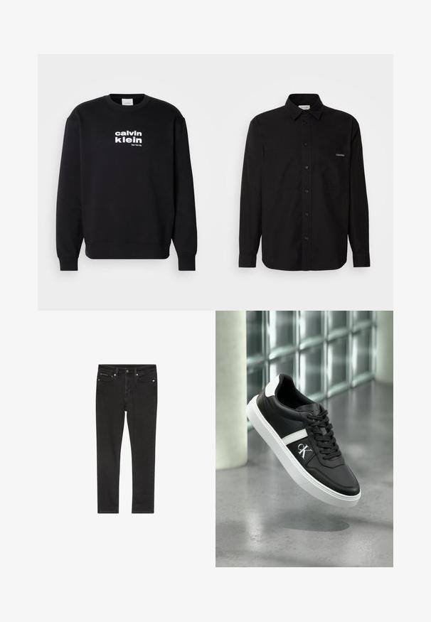 Schwarzer Sweatshirt aus Baumwolle mit Rundhalsausschnitt. Mit weißem "calvin klein"-Logo und "New York City"-Aufdruck auf der Vorderseite.; Schwarzes Langarmhemd aus Baumwolle mit einem Knopfverschluss, zwei Brusttaschen und einem kleinen Logo auf der linken Tasche.; Schwarze Denim-Jeans mit schmaler Passform, ausgestattet mit vier Taschen, einem Metallknopfverschluss und leichten Used-Details. Glatte Textur und klassisches Design.; Schwarzer Ledersneaker mit weißen Akzenten, glatter Textur, rundem Zehenbereich und auffälligem Logo an der Seite. Flache weiße Gummisohle.